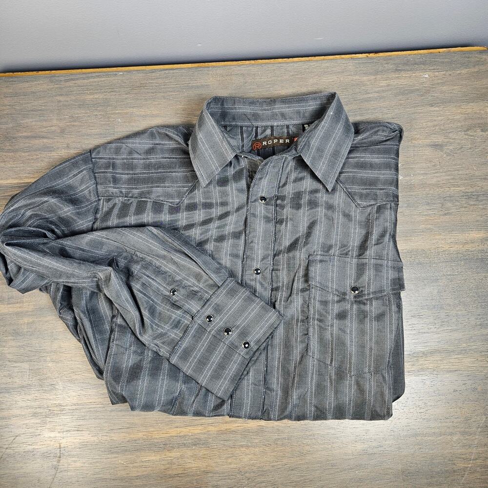 Roper Embroidered Button Down Mens Size XL Long Sleeve Grey Striped  Pearl Snaps